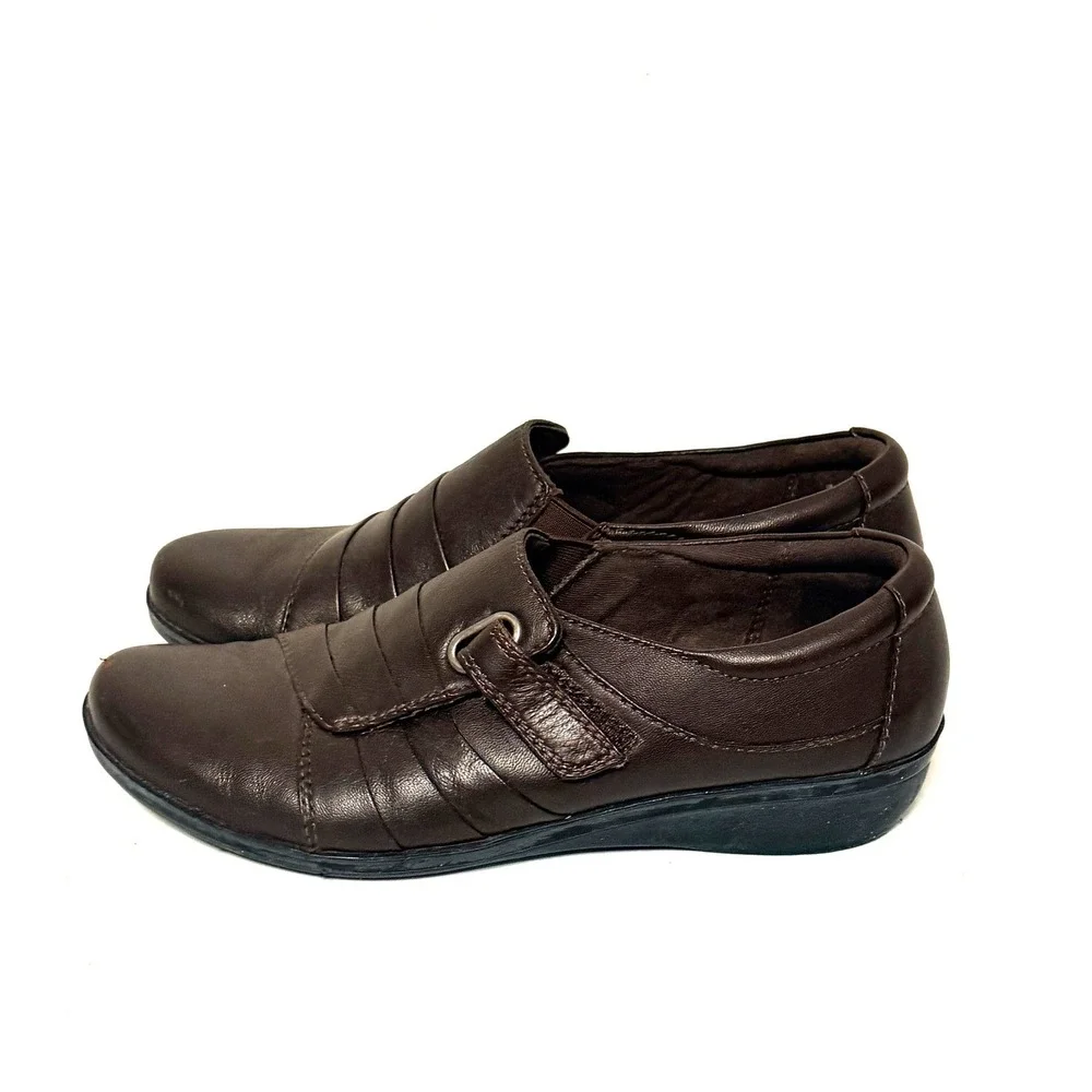 Clarks Collection Everlay Luna Shoes Sz 6 Brown Leather Hook Loop Strap Slip On